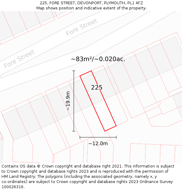 225, FORE STREET, DEVONPORT, PLYMOUTH, PL1 4FZ: Plot and title map