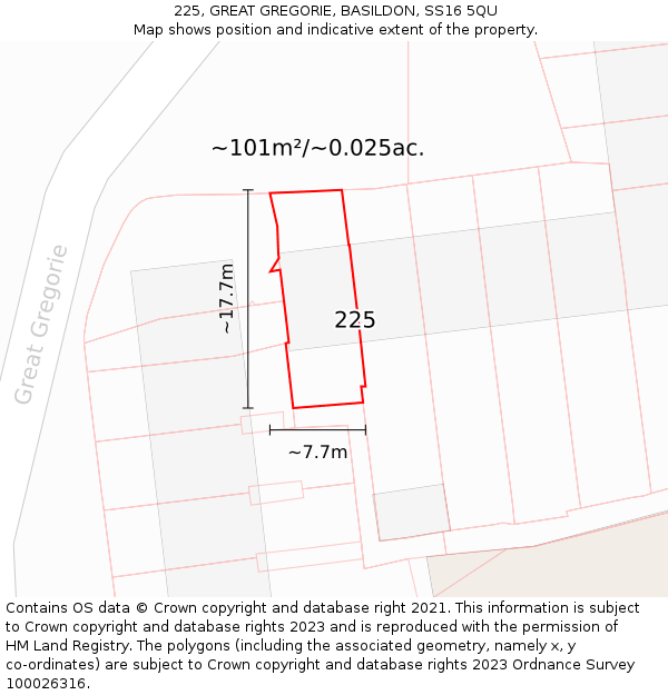 225, GREAT GREGORIE, BASILDON, SS16 5QU: Plot and title map