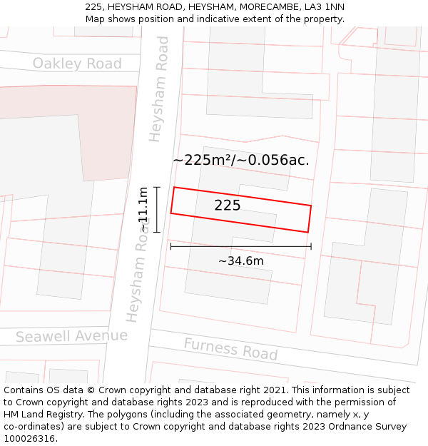 225, HEYSHAM ROAD, HEYSHAM, MORECAMBE, LA3 1NN: Plot and title map