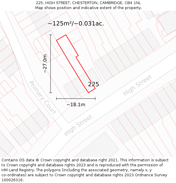 225, HIGH STREET, CHESTERTON, CAMBRIDGE, CB4 1NL: Plot and title map