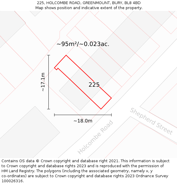 225, HOLCOMBE ROAD, GREENMOUNT, BURY, BL8 4BD: Plot and title map