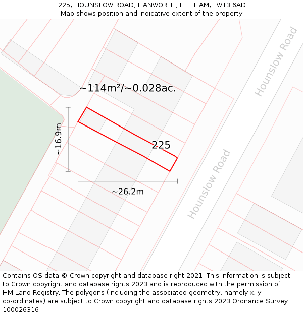 225, HOUNSLOW ROAD, HANWORTH, FELTHAM, TW13 6AD: Plot and title map