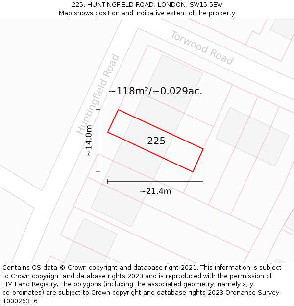 225, HUNTINGFIELD ROAD, LONDON, SW15 5EW: Plot and title map
