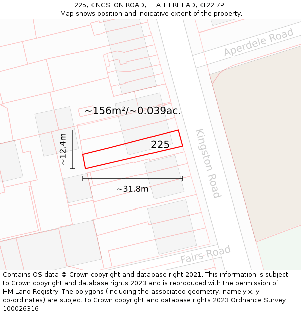 225, KINGSTON ROAD, LEATHERHEAD, KT22 7PE: Plot and title map