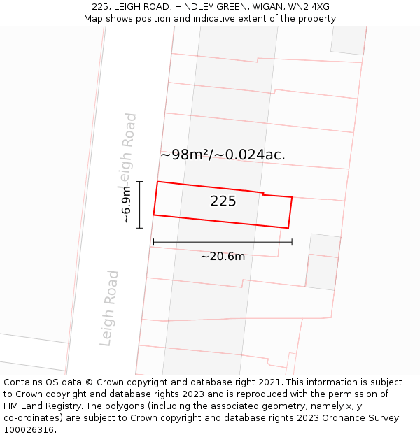 225, LEIGH ROAD, HINDLEY GREEN, WIGAN, WN2 4XG: Plot and title map