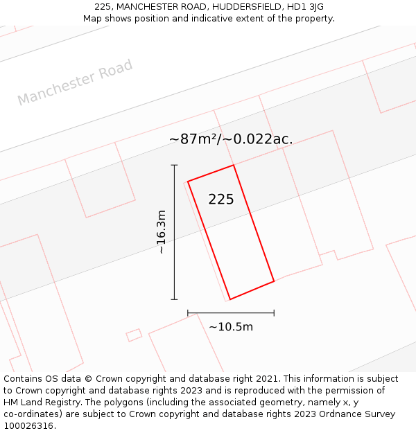 225, MANCHESTER ROAD, HUDDERSFIELD, HD1 3JG: Plot and title map
