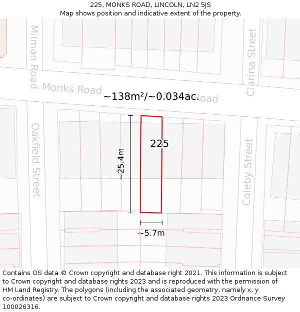 225, MONKS ROAD, LINCOLN, LN2 5JS: Plot and title map