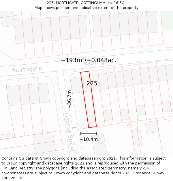 225, NORTHGATE, COTTINGHAM, HU16 5QL: Plot and title map