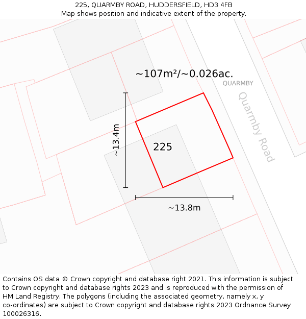 225, QUARMBY ROAD, HUDDERSFIELD, HD3 4FB: Plot and title map