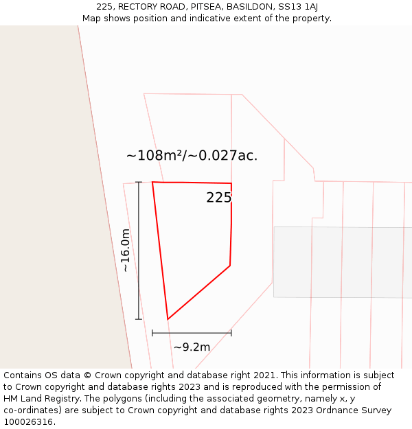 225, RECTORY ROAD, PITSEA, BASILDON, SS13 1AJ: Plot and title map