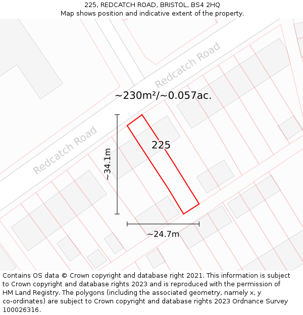 225, REDCATCH ROAD, BRISTOL, BS4 2HQ: Plot and title map