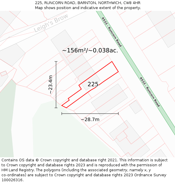 225, RUNCORN ROAD, BARNTON, NORTHWICH, CW8 4HR: Plot and title map