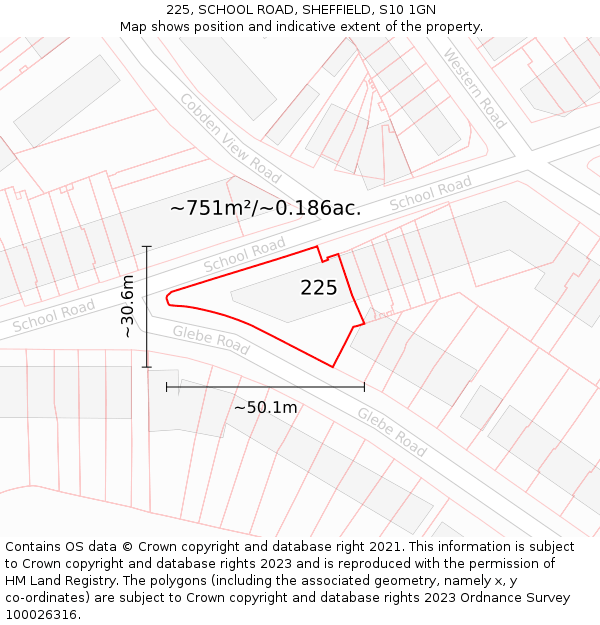 225, SCHOOL ROAD, SHEFFIELD, S10 1GN: Plot and title map