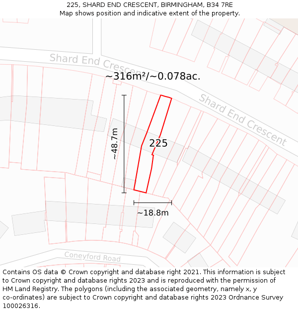 225, SHARD END CRESCENT, BIRMINGHAM, B34 7RE: Plot and title map