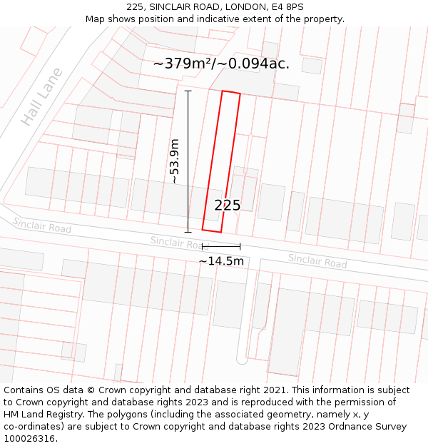 225, SINCLAIR ROAD, LONDON, E4 8PS: Plot and title map