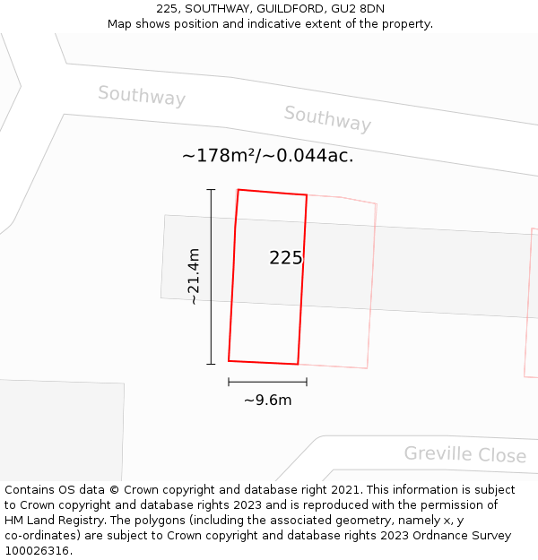 225, SOUTHWAY, GUILDFORD, GU2 8DN: Plot and title map
