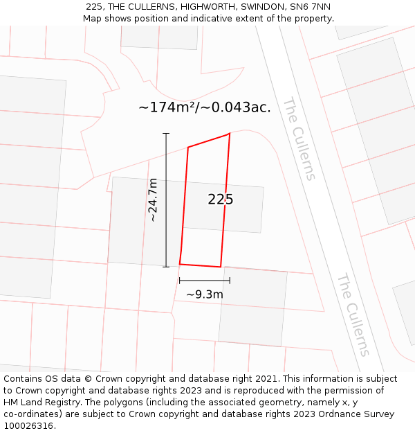 225, THE CULLERNS, HIGHWORTH, SWINDON, SN6 7NN: Plot and title map