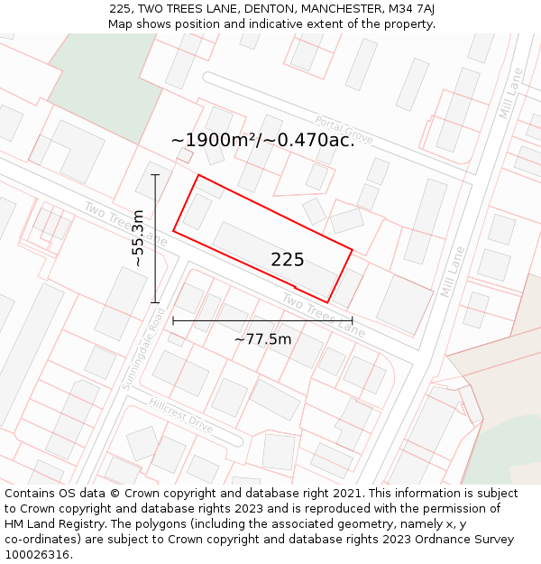 225, TWO TREES LANE, DENTON, MANCHESTER, M34 7AJ: Plot and title map