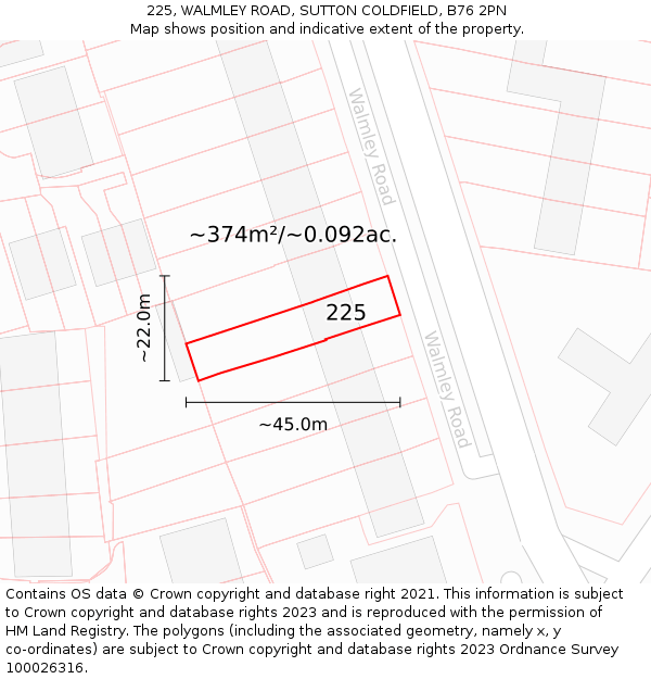 225, WALMLEY ROAD, SUTTON COLDFIELD, B76 2PN: Plot and title map