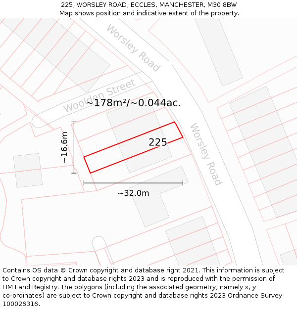 225, WORSLEY ROAD, ECCLES, MANCHESTER, M30 8BW: Plot and title map