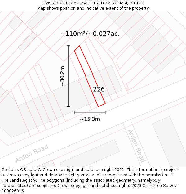 226, ARDEN ROAD, SALTLEY, BIRMINGHAM, B8 1DF: Plot and title map