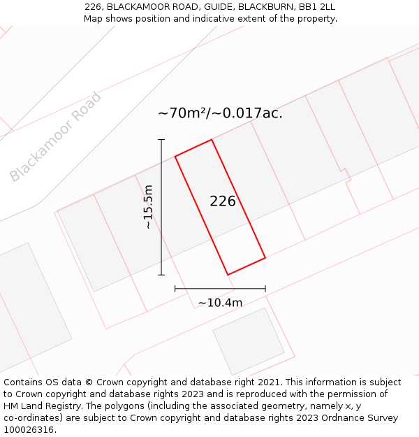 226, BLACKAMOOR ROAD, GUIDE, BLACKBURN, BB1 2LL: Plot and title map