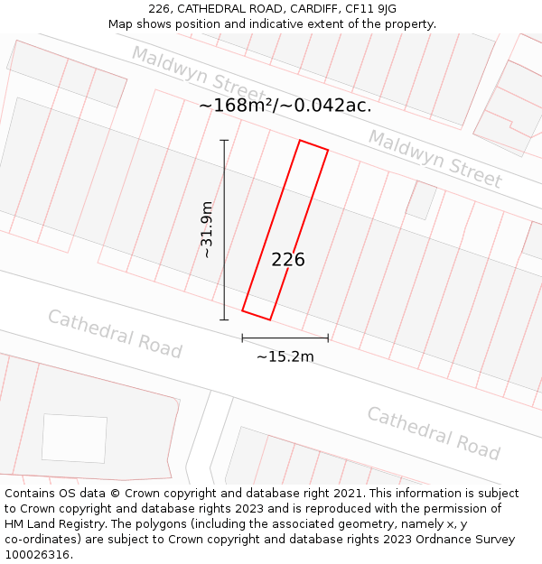 226, CATHEDRAL ROAD, CARDIFF, CF11 9JG: Plot and title map