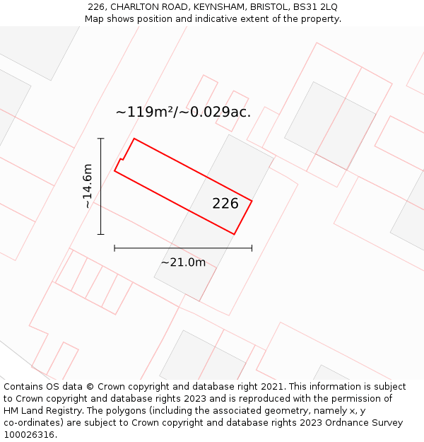 226, CHARLTON ROAD, KEYNSHAM, BRISTOL, BS31 2LQ: Plot and title map