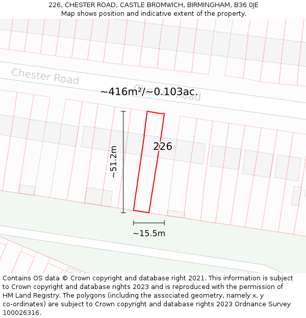 226, CHESTER ROAD, CASTLE BROMWICH, BIRMINGHAM, B36 0JE: Plot and title map