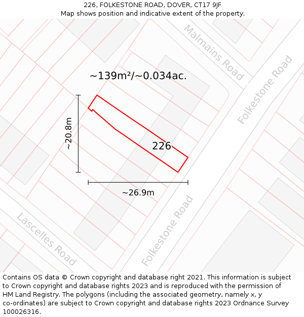 226, FOLKESTONE ROAD, DOVER, CT17 9JF: Plot and title map