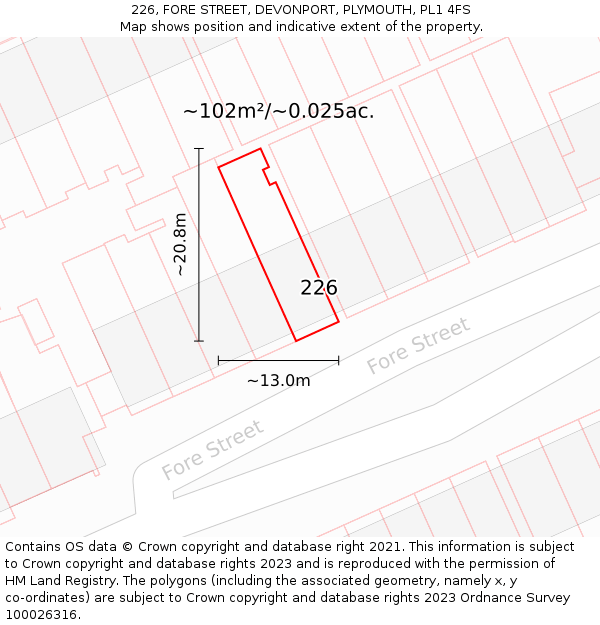 226, FORE STREET, DEVONPORT, PLYMOUTH, PL1 4FS: Plot and title map