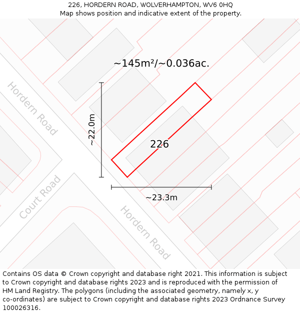 226, HORDERN ROAD, WOLVERHAMPTON, WV6 0HQ: Plot and title map