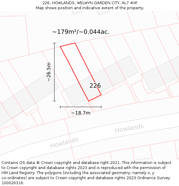 226, HOWLANDS, WELWYN GARDEN CITY, AL7 4HF: Plot and title map