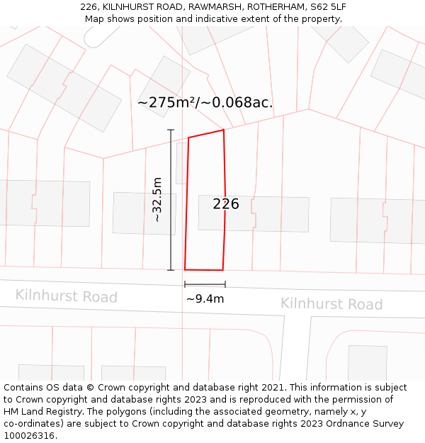 226, KILNHURST ROAD, RAWMARSH, ROTHERHAM, S62 5LF: Plot and title map