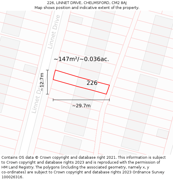 226, LINNET DRIVE, CHELMSFORD, CM2 8AJ: Plot and title map