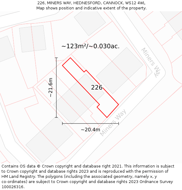 226, MINERS WAY, HEDNESFORD, CANNOCK, WS12 4WL: Plot and title map
