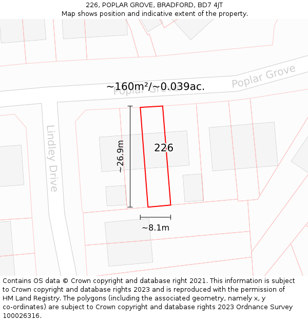 226, POPLAR GROVE, BRADFORD, BD7 4JT: Plot and title map
