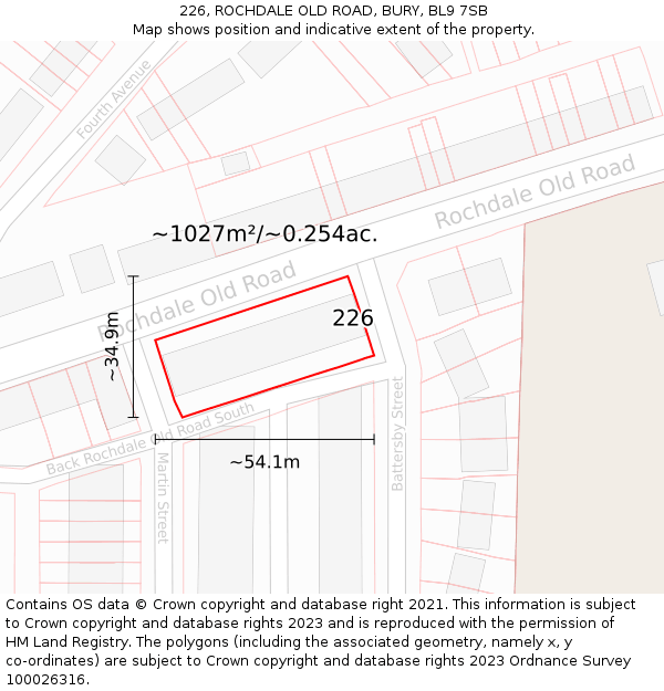226, ROCHDALE OLD ROAD, BURY, BL9 7SB: Plot and title map