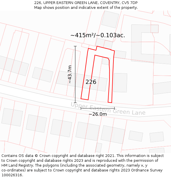 226, UPPER EASTERN GREEN LANE, COVENTRY, CV5 7DP: Plot and title map