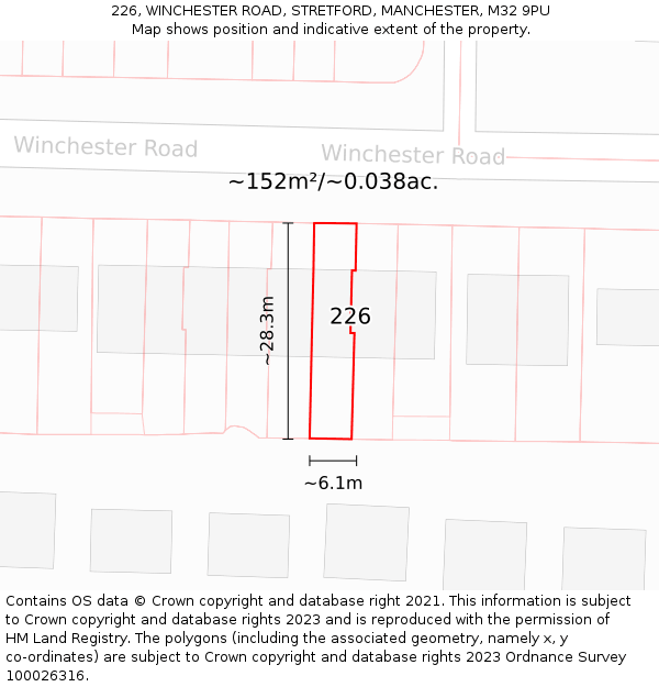 226, WINCHESTER ROAD, STRETFORD, MANCHESTER, M32 9PU: Plot and title map