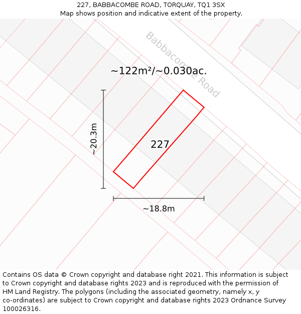 227, BABBACOMBE ROAD, TORQUAY, TQ1 3SX: Plot and title map
