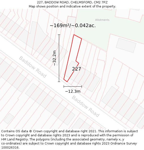 227, BADDOW ROAD, CHELMSFORD, CM2 7PZ: Plot and title map