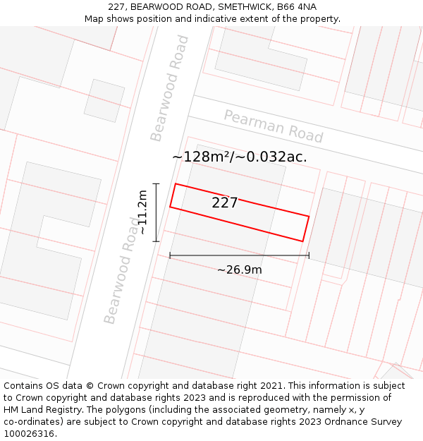 227, BEARWOOD ROAD, SMETHWICK, B66 4NA: Plot and title map