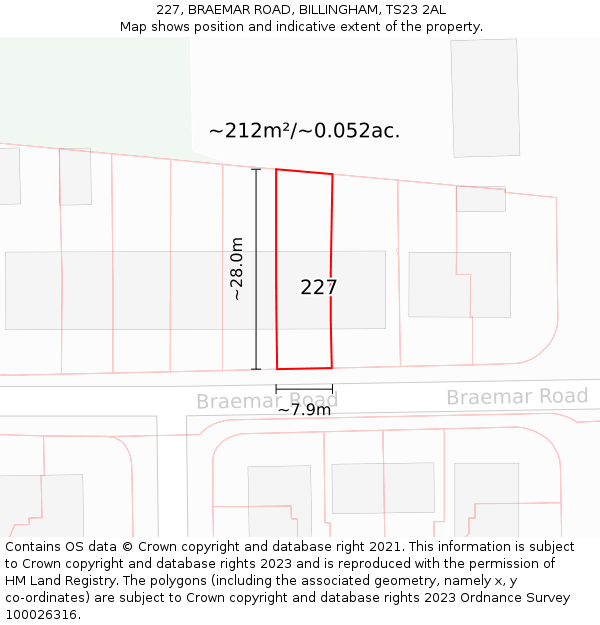 227, BRAEMAR ROAD, BILLINGHAM, TS23 2AL: Plot and title map