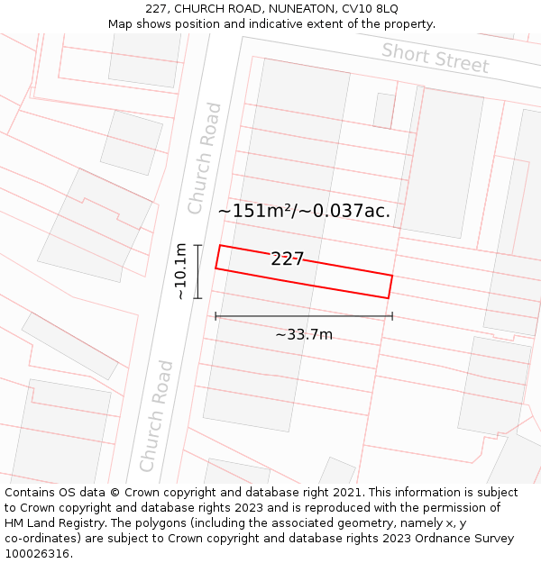 227, CHURCH ROAD, NUNEATON, CV10 8LQ: Plot and title map