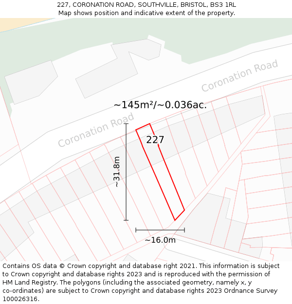 227, CORONATION ROAD, SOUTHVILLE, BRISTOL, BS3 1RL: Plot and title map