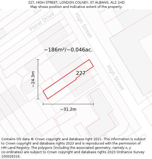 227, HIGH STREET, LONDON COLNEY, ST ALBANS, AL2 1HD: Plot and title map