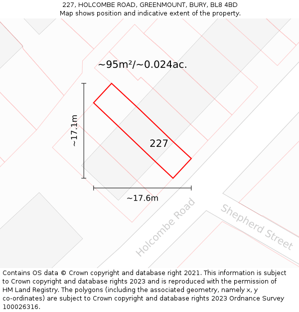227, HOLCOMBE ROAD, GREENMOUNT, BURY, BL8 4BD: Plot and title map