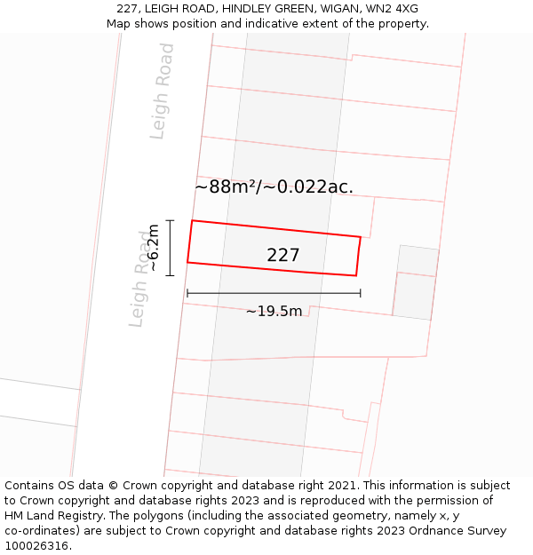 227, LEIGH ROAD, HINDLEY GREEN, WIGAN, WN2 4XG: Plot and title map