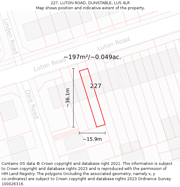 227, LUTON ROAD, DUNSTABLE, LU5 4LR: Plot and title map